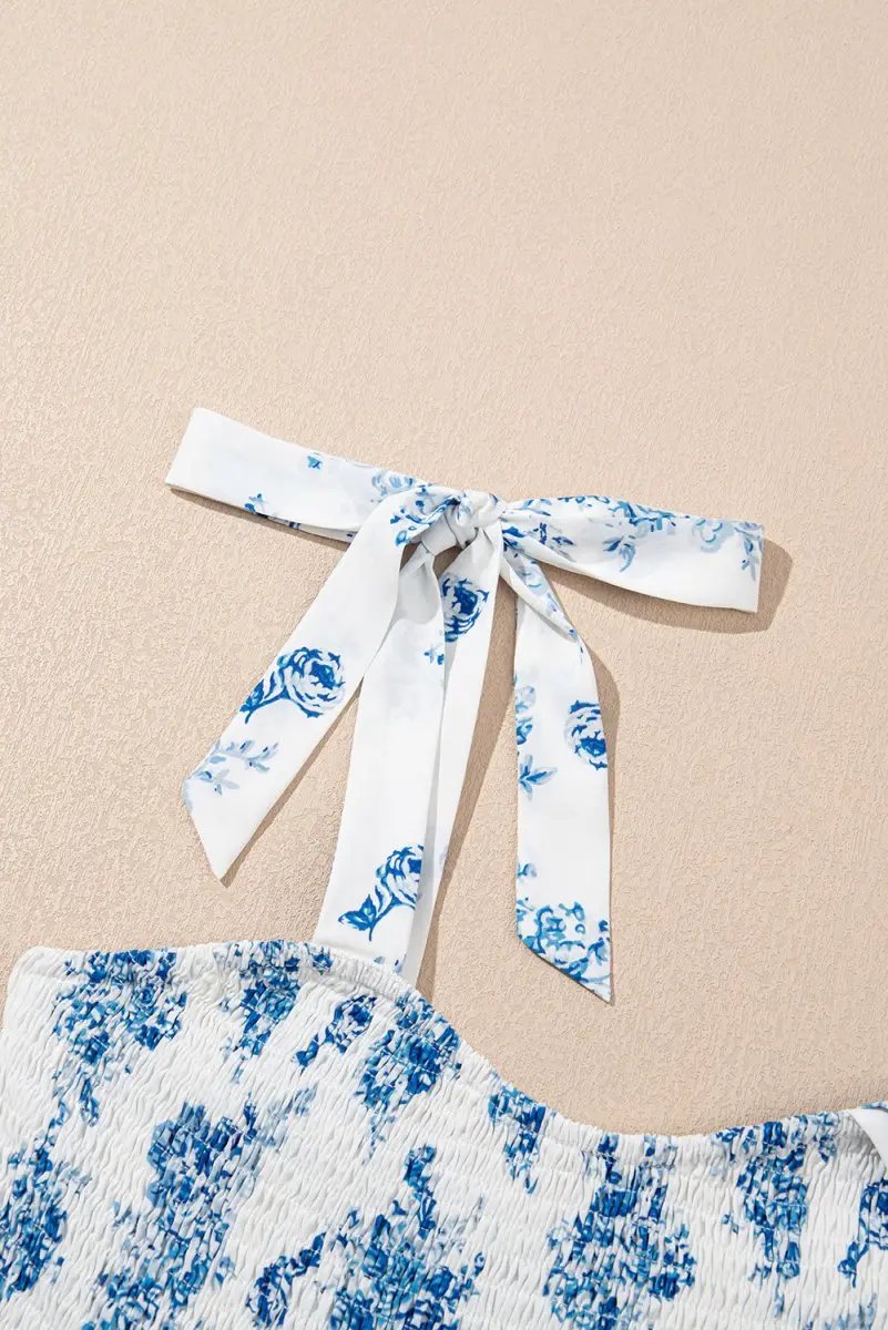 Sky Blue Floral Print Shirred Knot Shoulder Dress - Love Salve